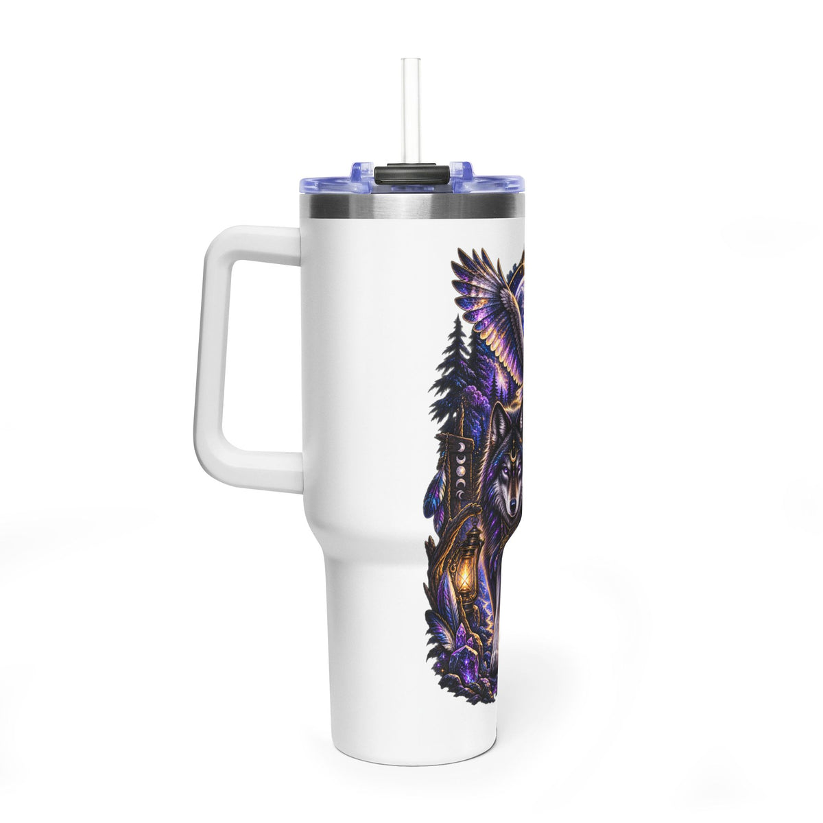 40oz Vacuum Tumbler — Wolf & Owl Spiritual Guide Stainless Travel Mug
