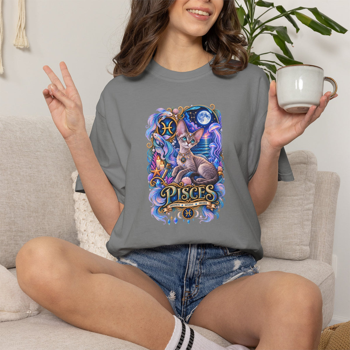 Pisces Devon Rex Cat Zodiac T-Shirt — Mystical Cat Astrology Tee