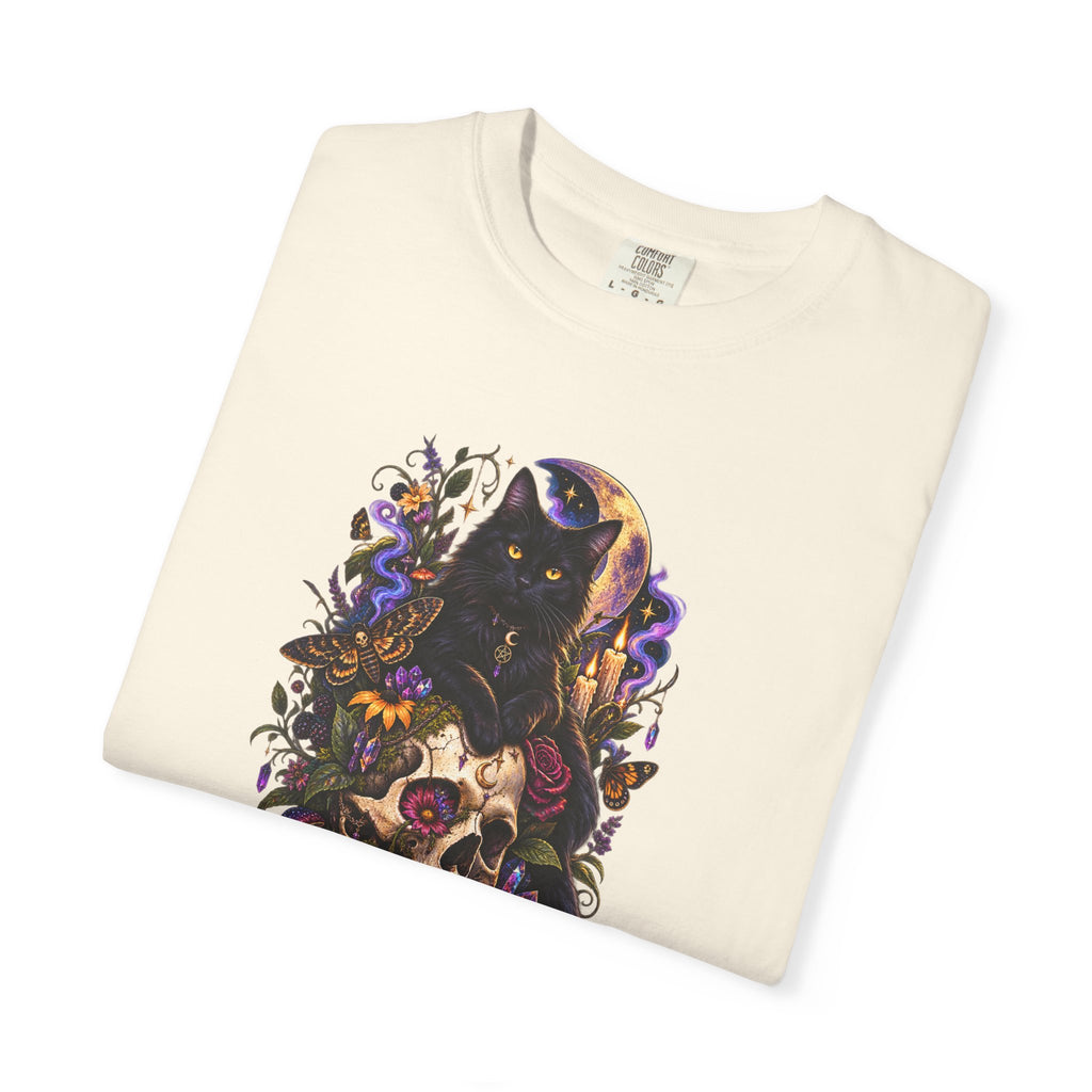Skull & Black Cat Gothic T-Shirt — Dark Floral Day of the Dead Style
