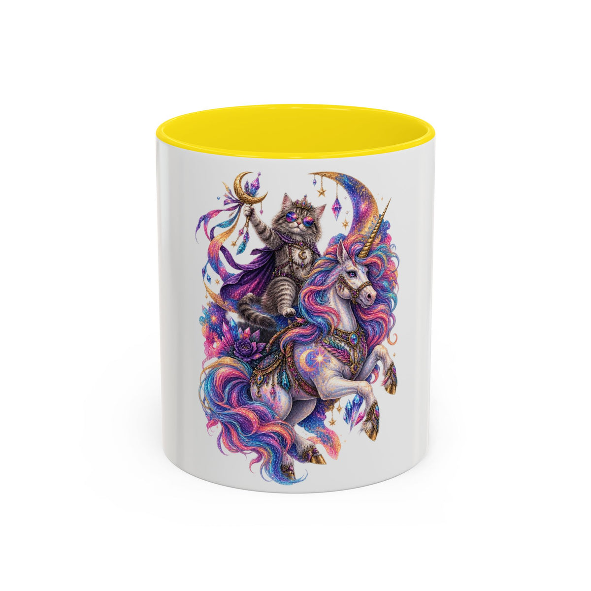 Magical Cat Knight on Unicorn Accent Coffee Mug — Colorful Fantasy 11/15oz