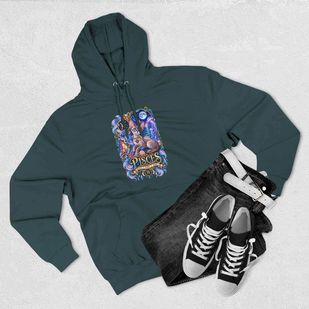 Pisces Zodiac Devon Rex Cat Hoodie — Mystical Watercolor Fish Astrology Pullover