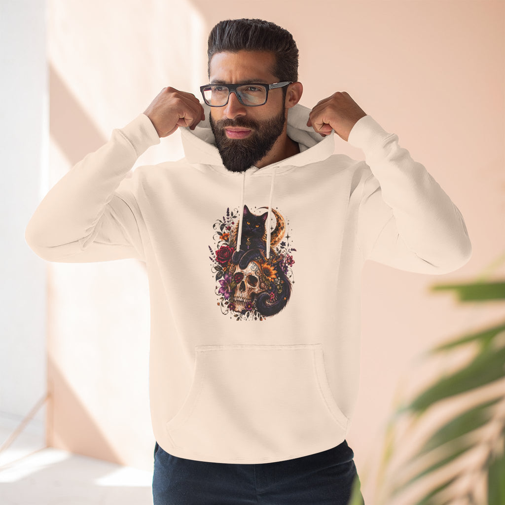 Skull & Cat Hoodie — Romantic Gothic Celestial Moon Graphic Fleece Pullover