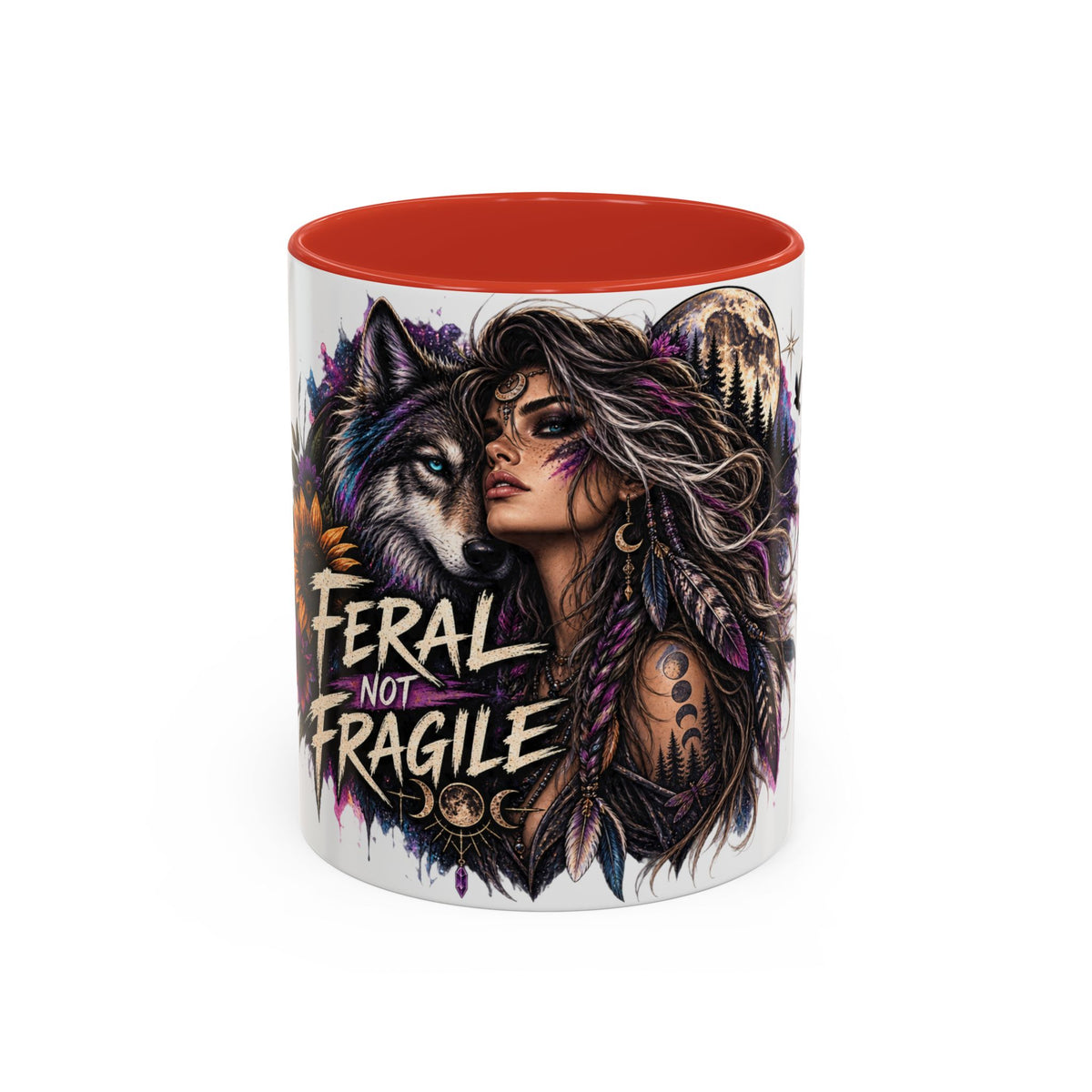 Feral Not Fragile Accent Coffee Mug — Wolf Goddess 11oz/15oz