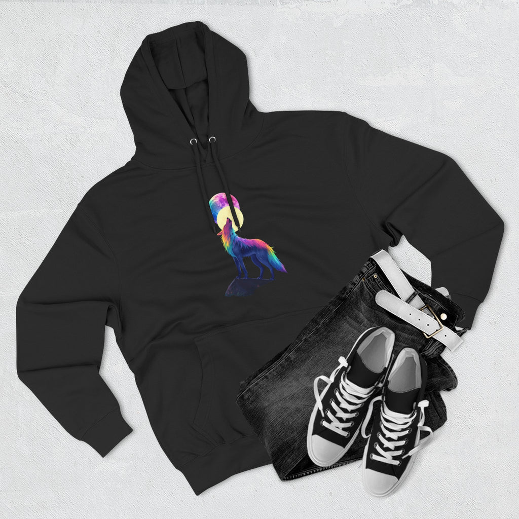 Rainbow Wolf Silhouette Hoodie | Colorful Moon Graphic
