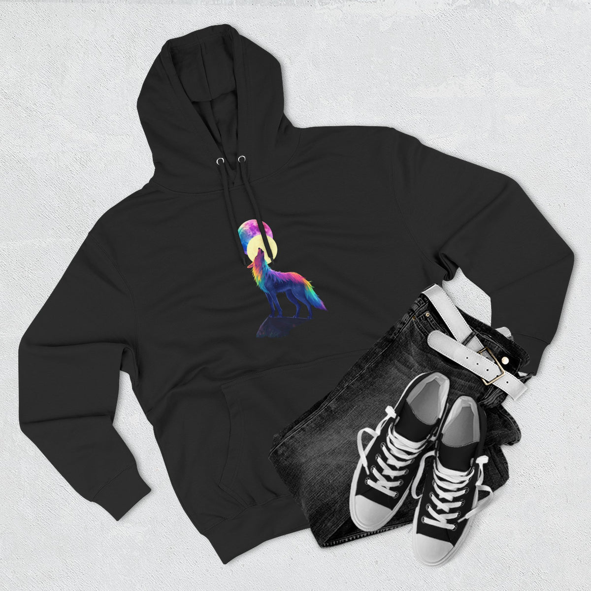 Rainbow Wolf Silhouette Hoodie | Colorful Moon Graphic