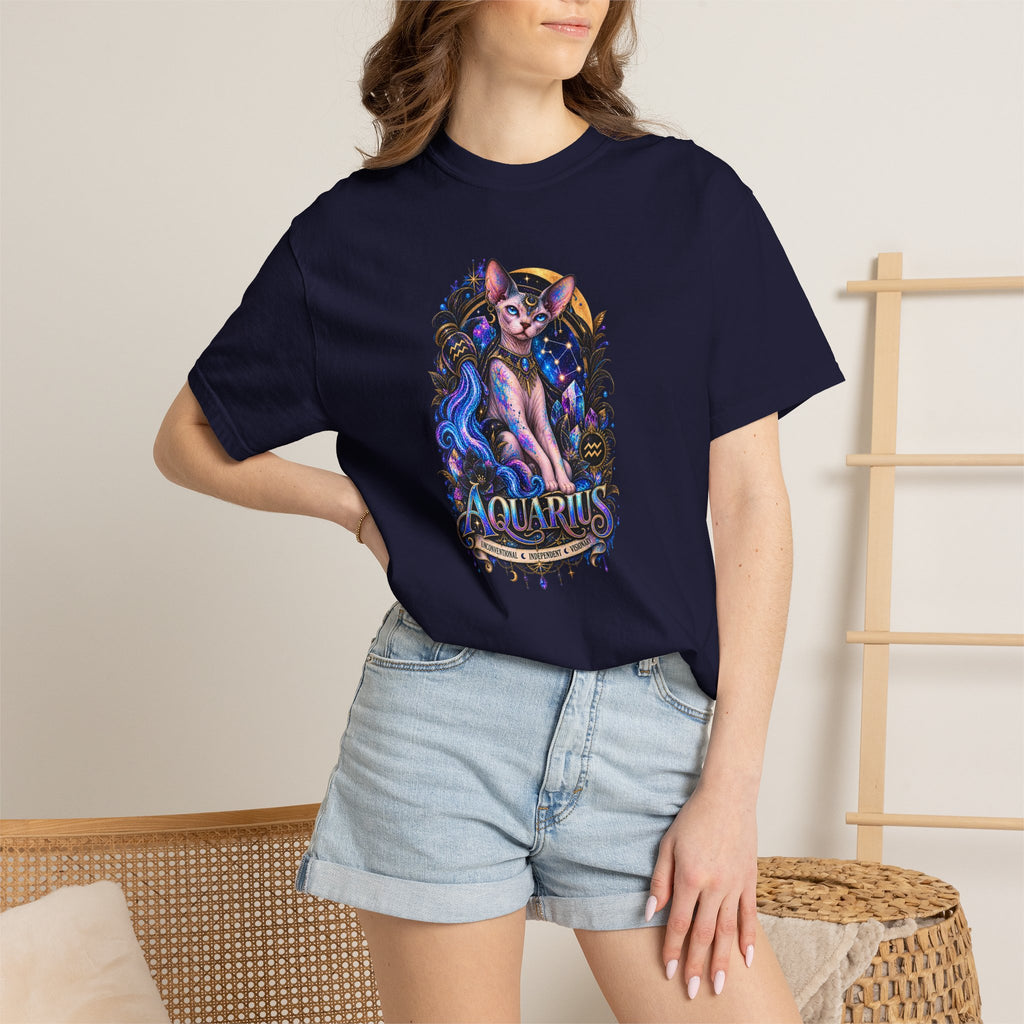 Aquarius Sphynx Cat Zodiac Tee- Celestial Astrology cat lover T-shirt