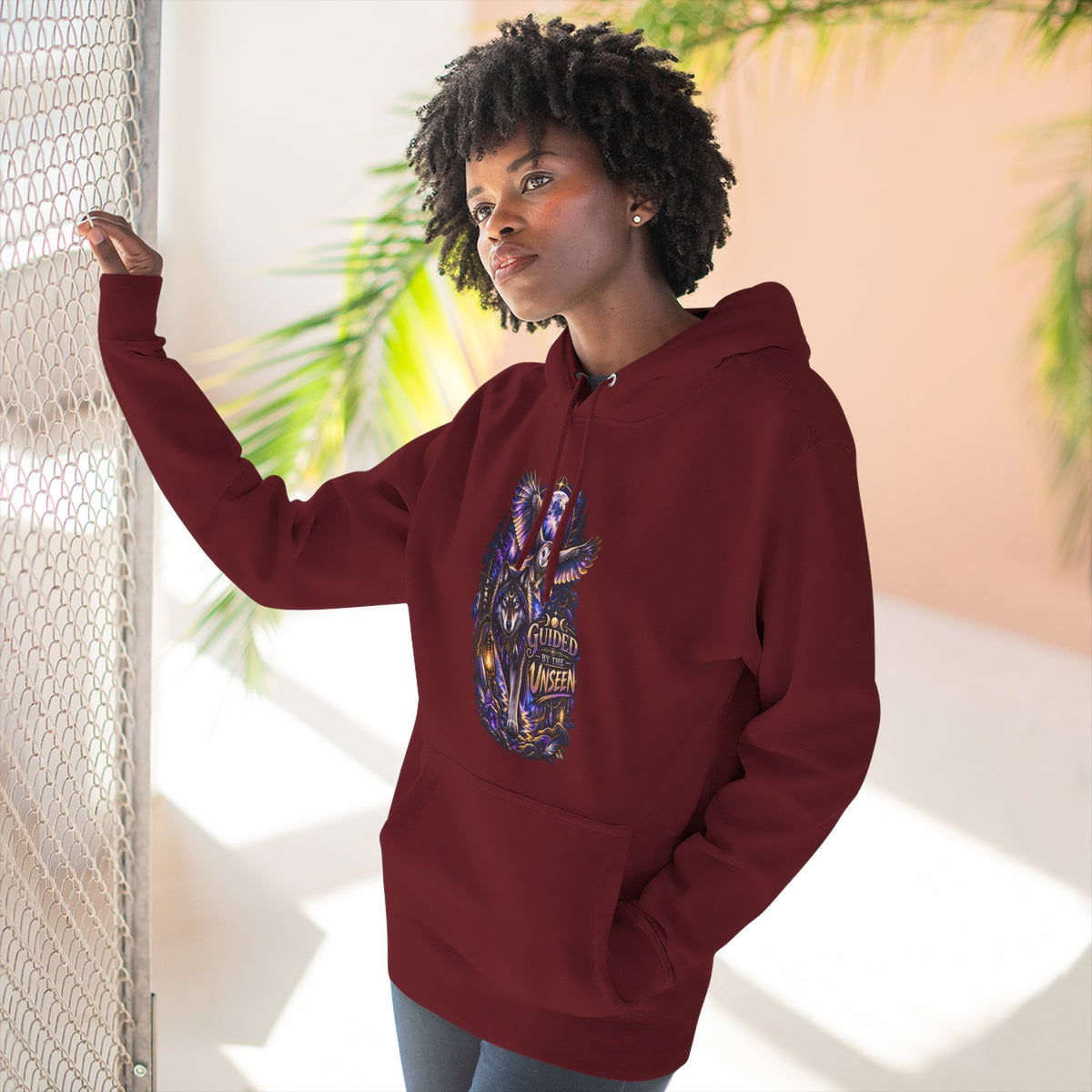 Witchy Owl and Wolf Fleece Hoodie - Mystical Night Forest Graphic- Guided by the Unseen