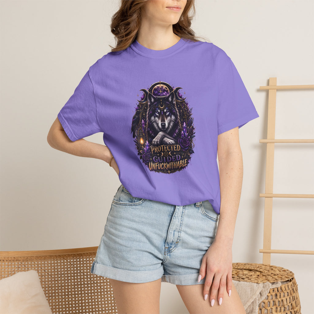 Protector Wolf T-Shirt — "Protected, Guided, Unfuckwithable" Spiritual Graphic Tee