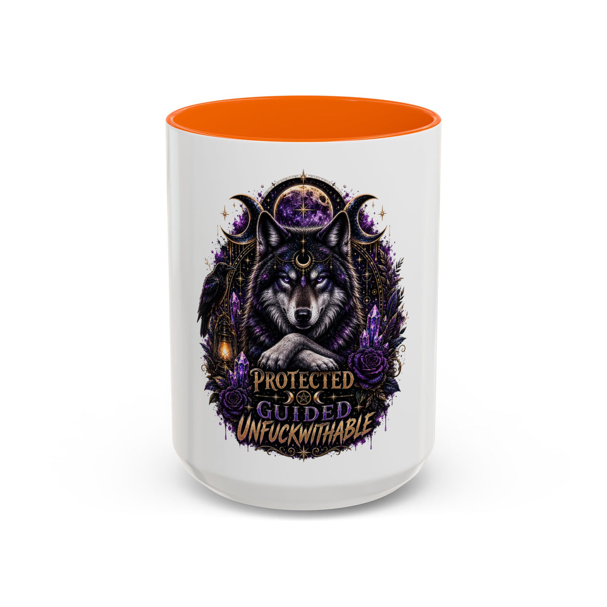 Protected, Guided & Unfuckwithable Wolf Coffee Mug — Spiritual Mystic Accent Mug (11/15oz)