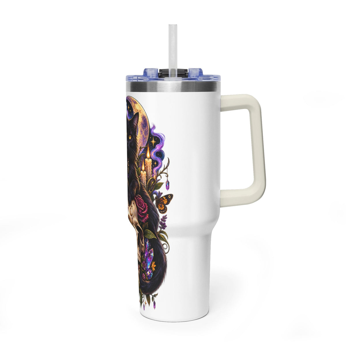 40oz Cat & Skull Thermal Tumbler – Gothic Floral Insulated Travel Mug