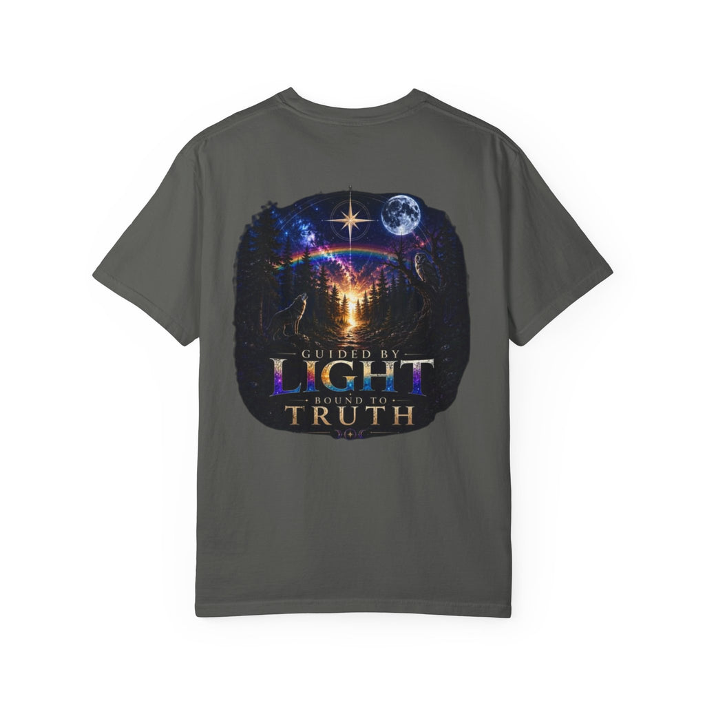 T-Shirt — "Guided by Light, Bound to Truth" Cosmic Forest Graphic