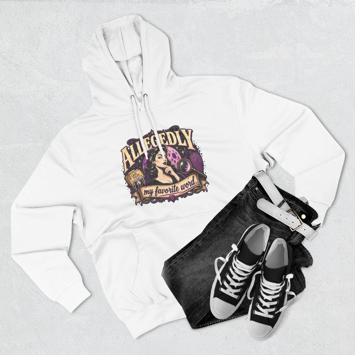 Hoodie — "Allegedly My Favorite Word" Retro Witch Graphic