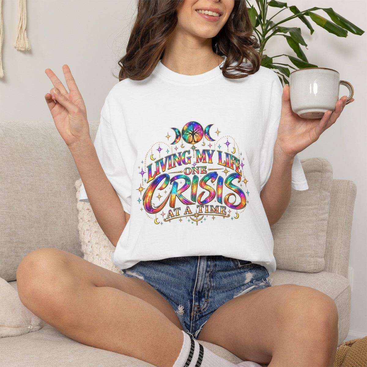 Graphic T-Shirt — "Living My Life One Crisis at a Time" Colorful Retro Tee