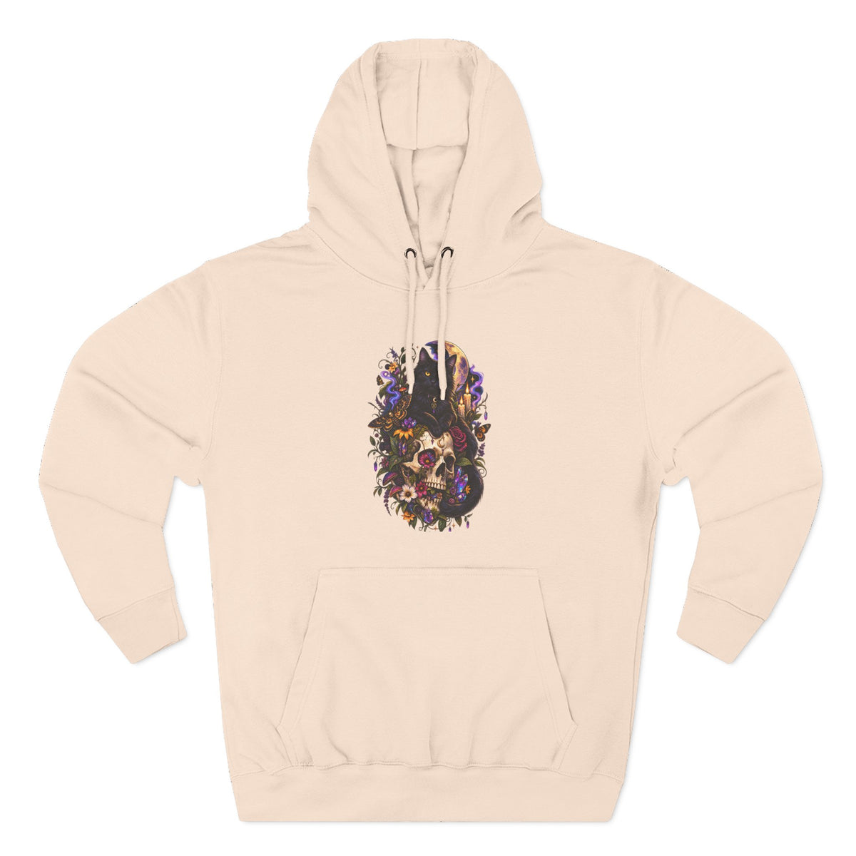 Skull Black Cat Hoodie — Romantic Gothic Floral Skull Graphic Fleece Pullover