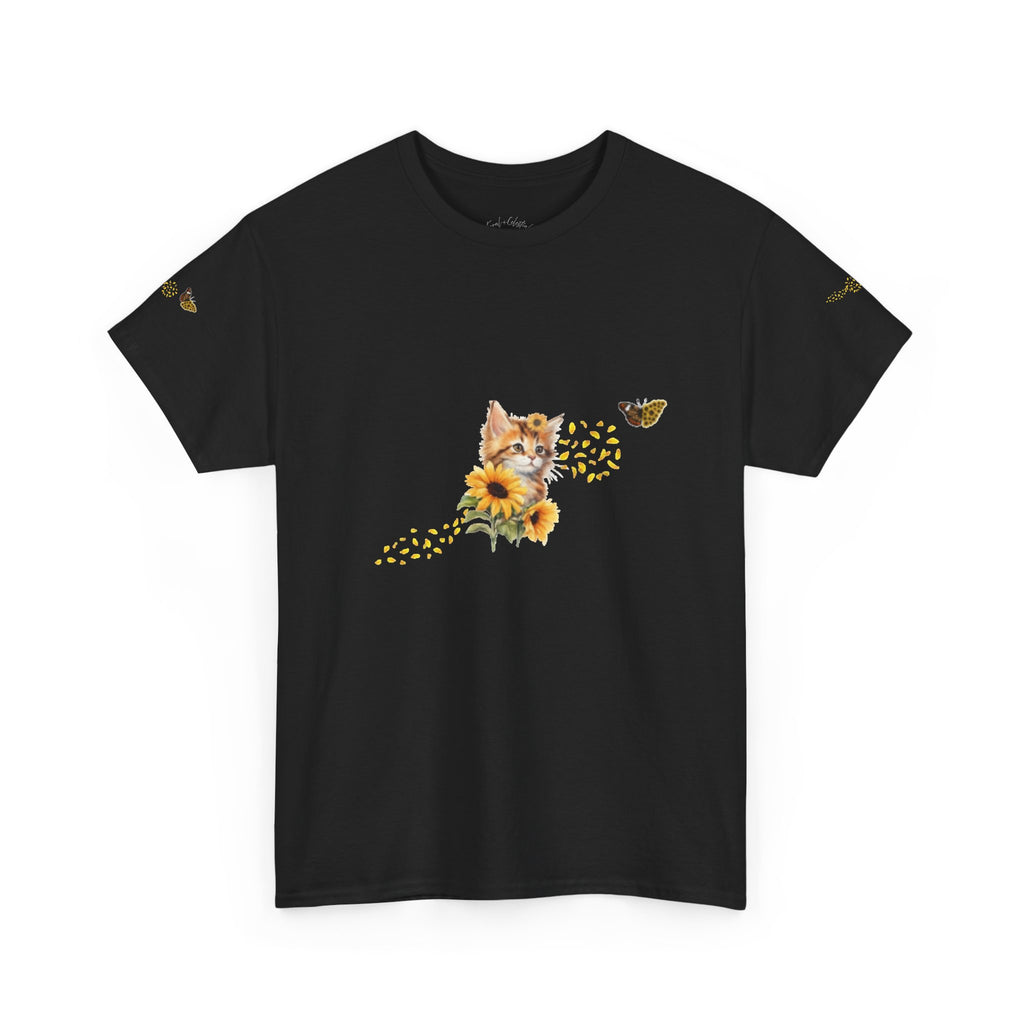 Sunflower Kitten Tee | Butterfly Accent, Floral Cat Shirt