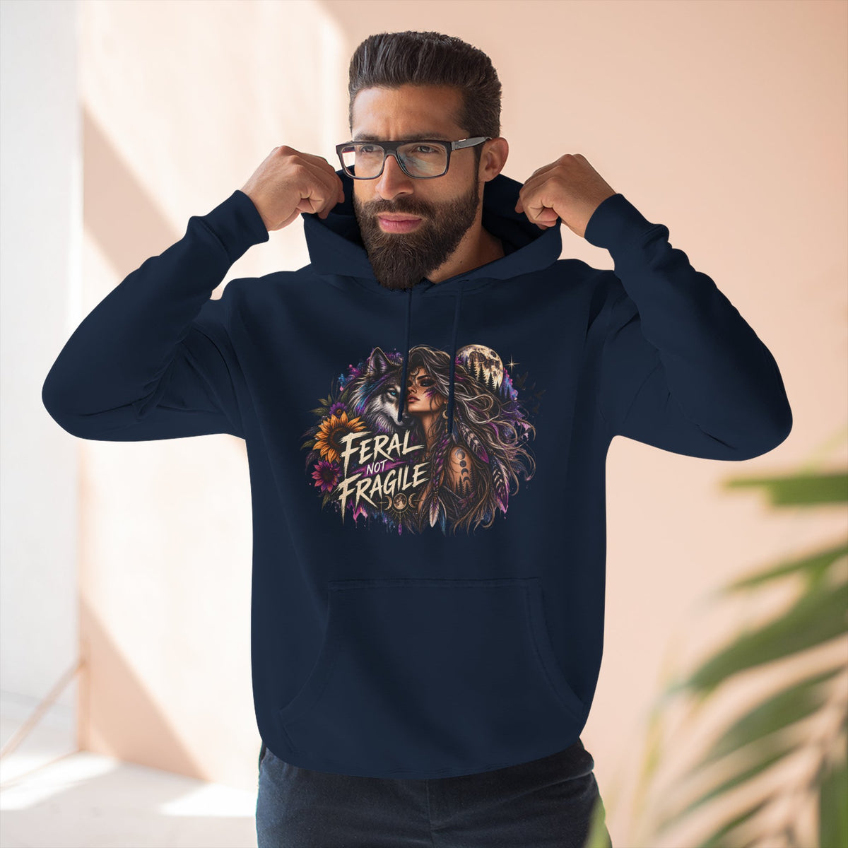 Feral Not Fragile Wolf & Woman Graphic Hoodie — Wildlife Fleece Pullover