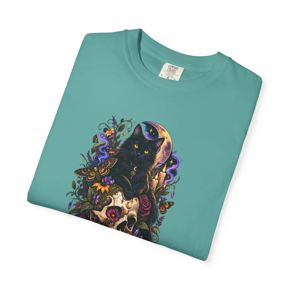Skull & Black Cat Gothic T-Shirt — Dark Floral Day of the Dead Style