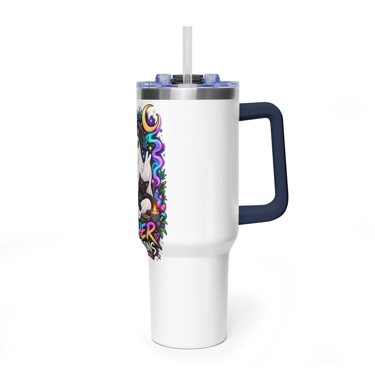 40oz Tumbler — "Higher Vibrations" Ghost & Cat Thermal Travel Mug