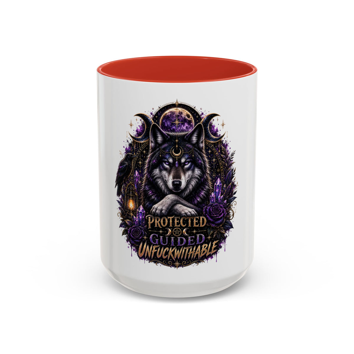 Protected, Guided & Unfuckwithable Wolf Coffee Mug — Spiritual Mystic Accent Mug (11/15oz)