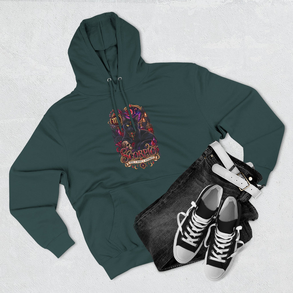 Scorpio Bombay Black Cat Floral Zodiac Hoodie — Intricate Scorpion Zodiac Sign