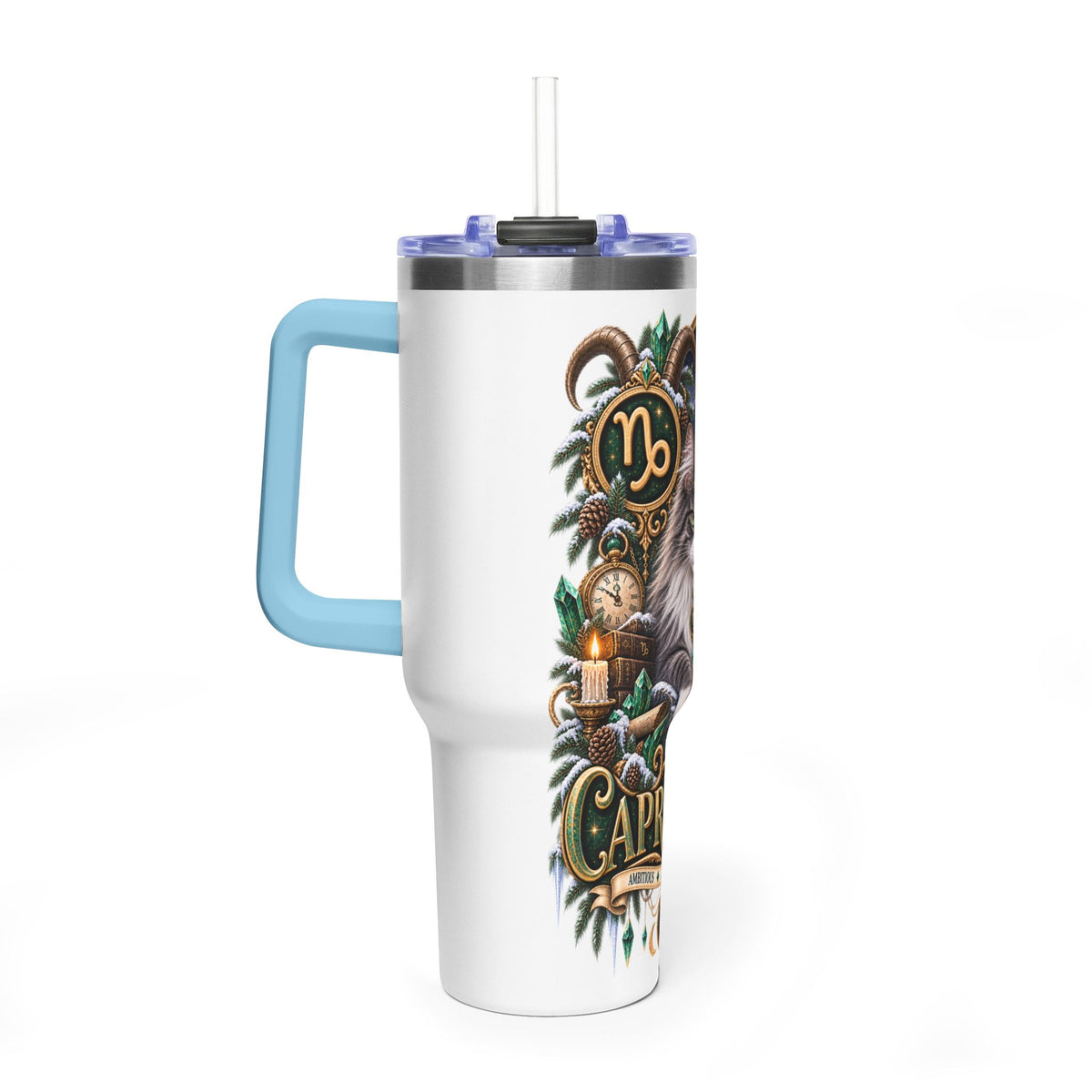 Capricorn Norwegian Forest Cat 40oz Vacuum Tumbler — Zodiac Travel Mug with Handle
