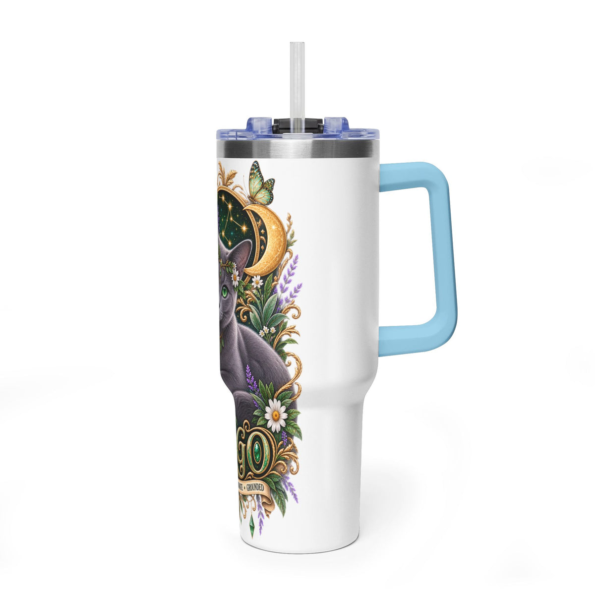 Virgo Cat 40oz Thermal Tumbler — Russian Blue Zodiac Astrology Travel Mug