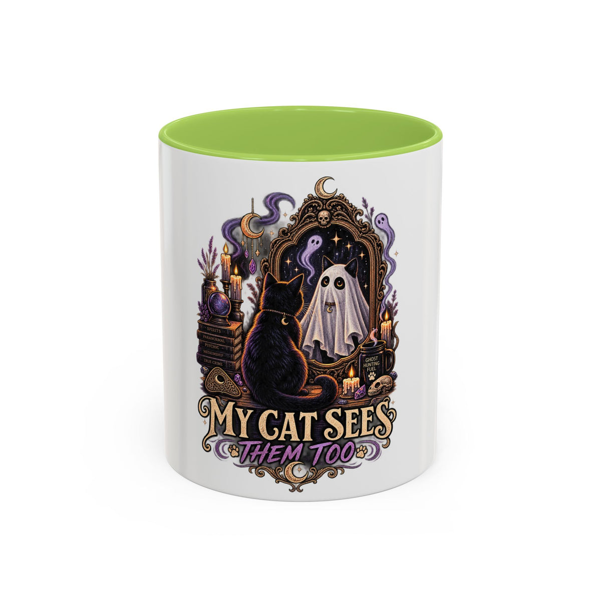 My Cat Sees Them Too Accent Coffee Mug – Halloween Cat & Ghost 11/15oz