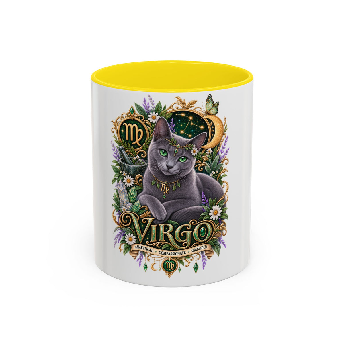 Virgo Russian Blue Cat Accent Coffee Mug — Zodiac Astrology Horoscope Gift (11/15 oz)