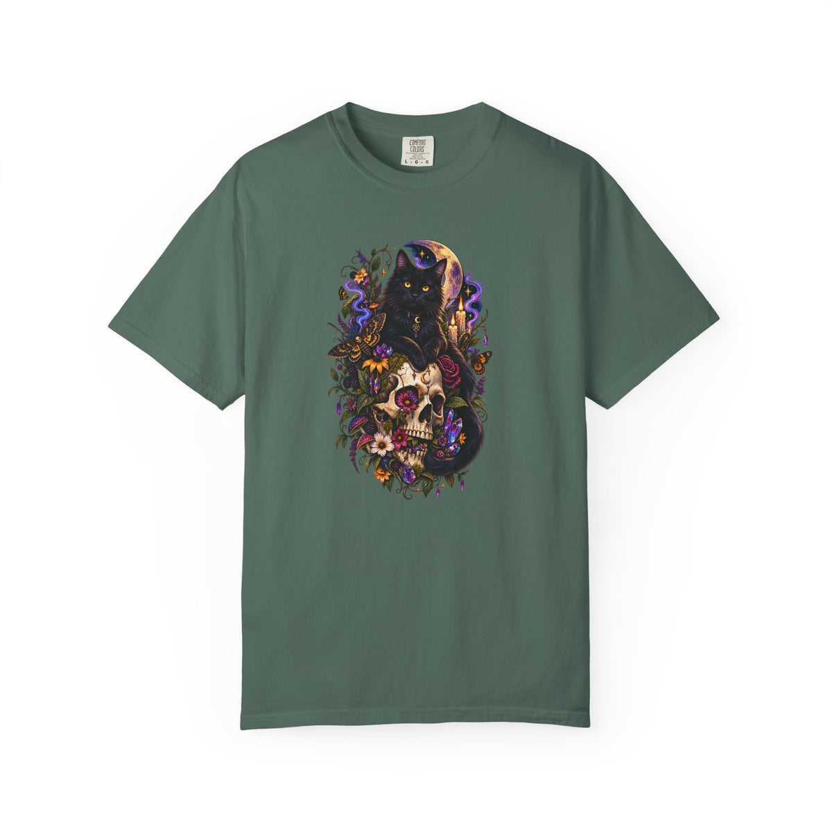 Skull & Black Cat Gothic T-Shirt — Dark Floral Day of the Dead Style