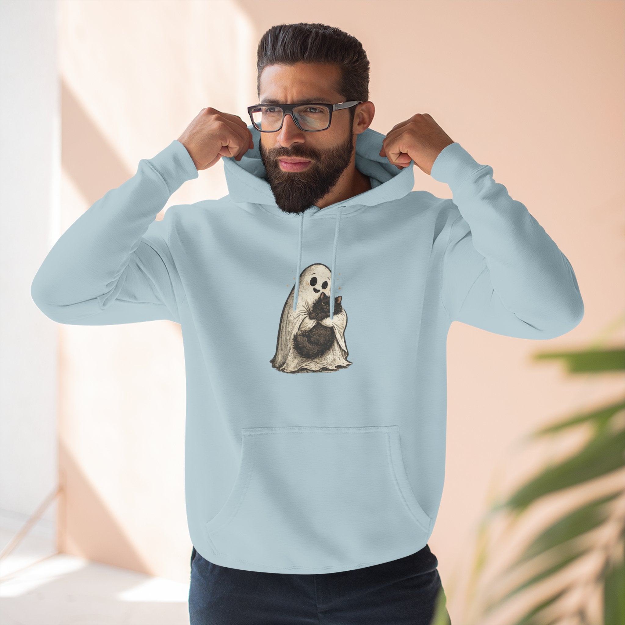 Boo & Meow Ghost Hugging Black Cat hoodie | Cute Spooky Tee Fleece Pullover