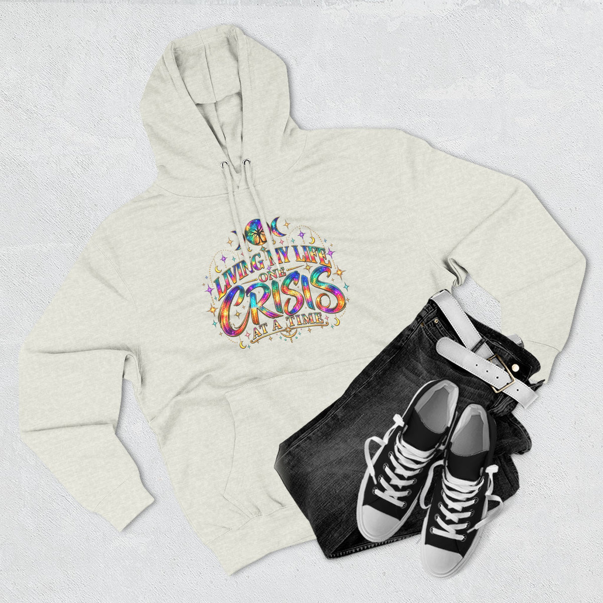 Hoodie — "Living My Best One Crisis At A Time" Colorful Retro Graphic