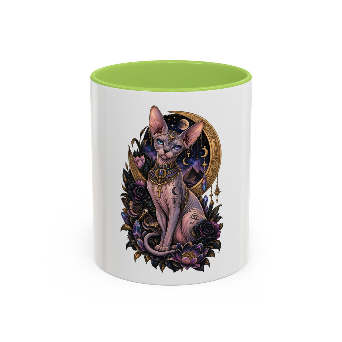 Mystic Sphynx Cat Coffee Mug — Magical Moon & Floral Accent (11/15 oz)