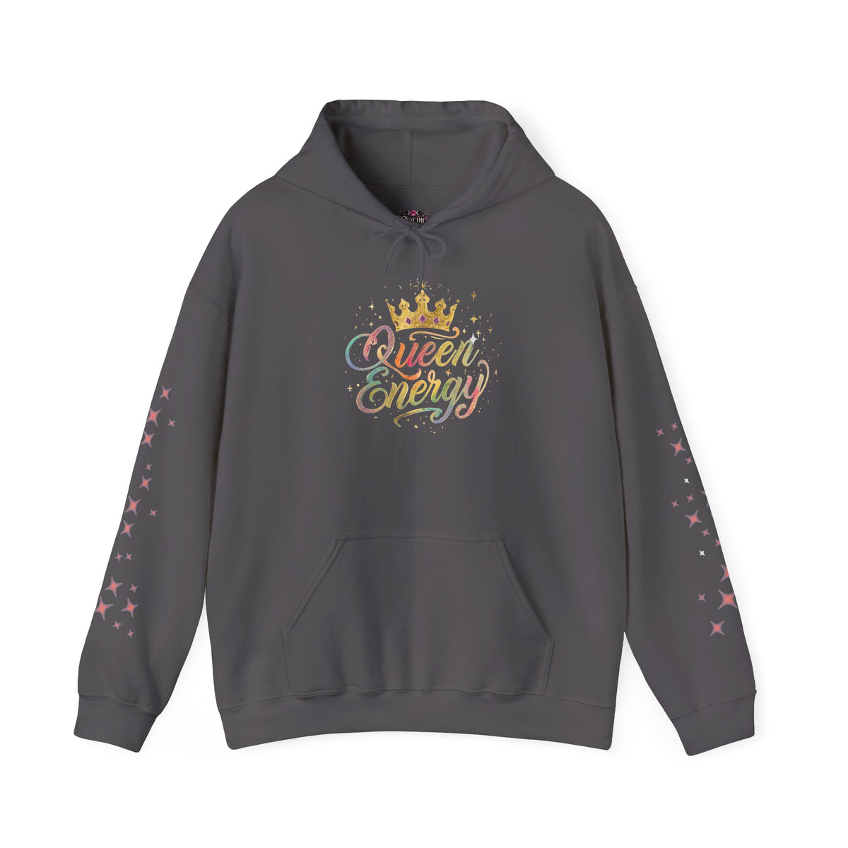 Queen Energy Hoodie — Feminine Crown Graphic Pullover with Star Sleeve Accents