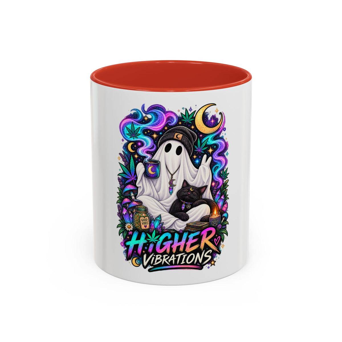 Higher Vibrations Coffee Mug — Cute Ghost & Cat Accent Mug (11/15 oz)