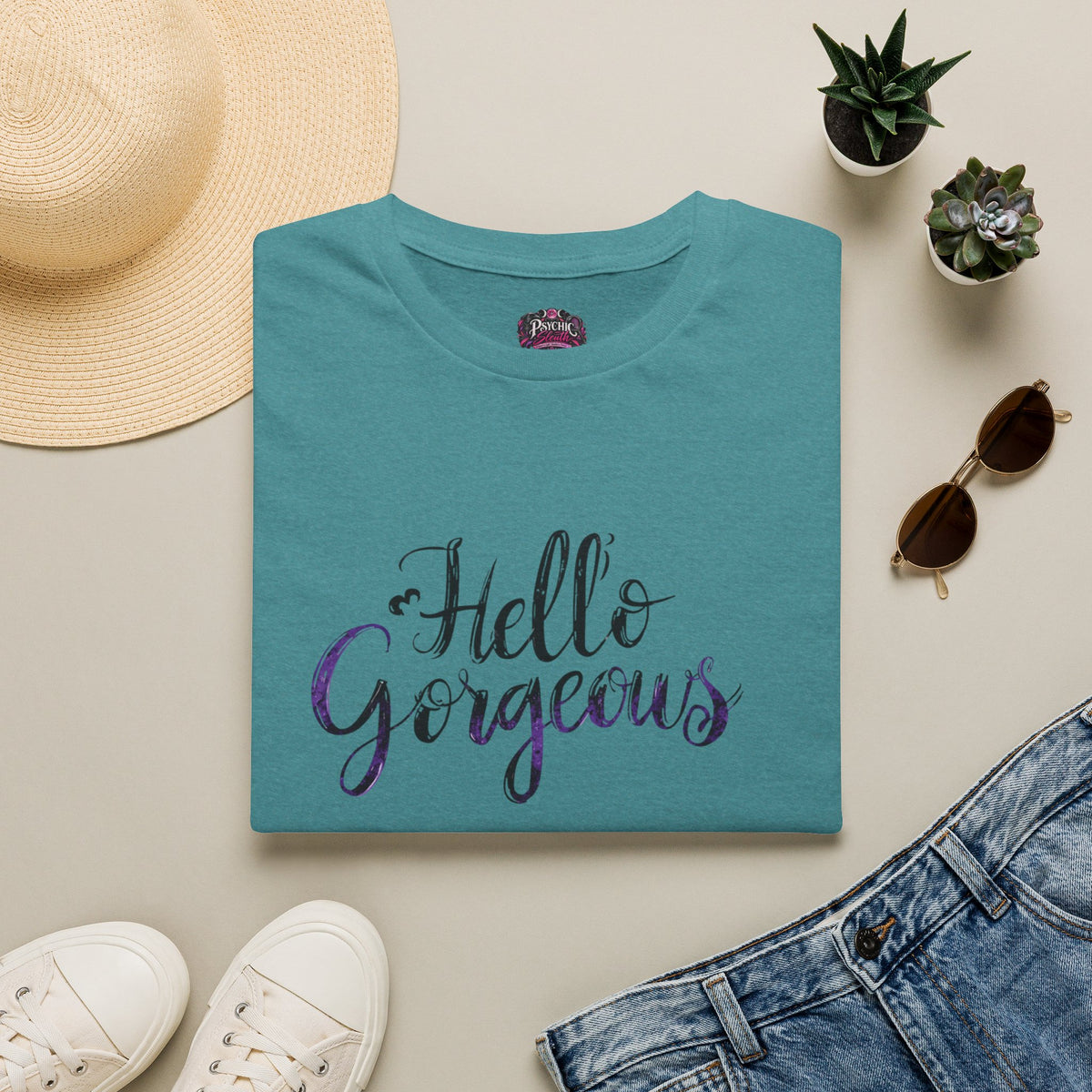 T-Shirt — "Hello Gorgeous" Purple Black Script Graphic Tee