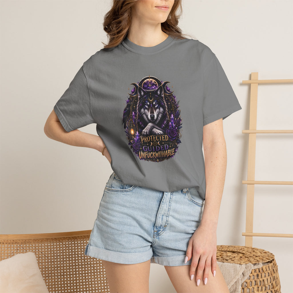 Protector Wolf T-Shirt — "Protected, Guided, Unfuckwithable" Spiritual Graphic Tee