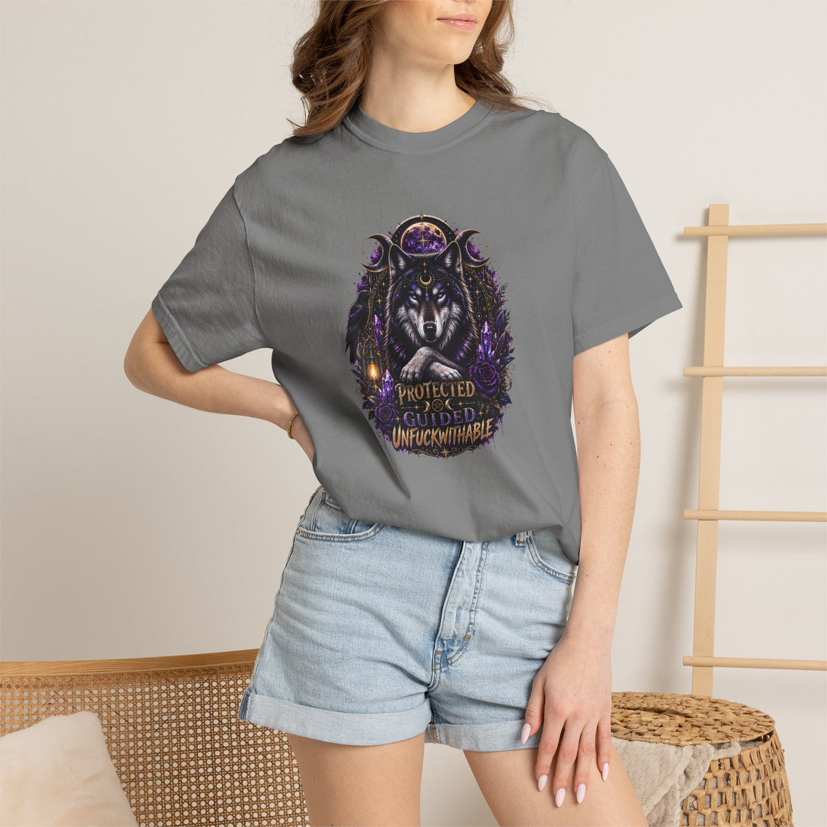 Protector Wolf T-Shirt — "Protected, Guided, Unfuckwithable" Spiritual Graphic Tee