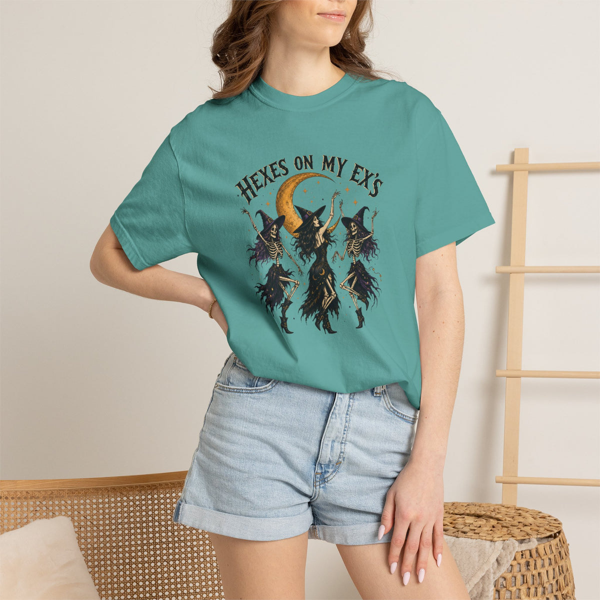 Witches and skeleton Graphic T-Shirt — "Hexes On My Ex's" Moon Witch Tee
