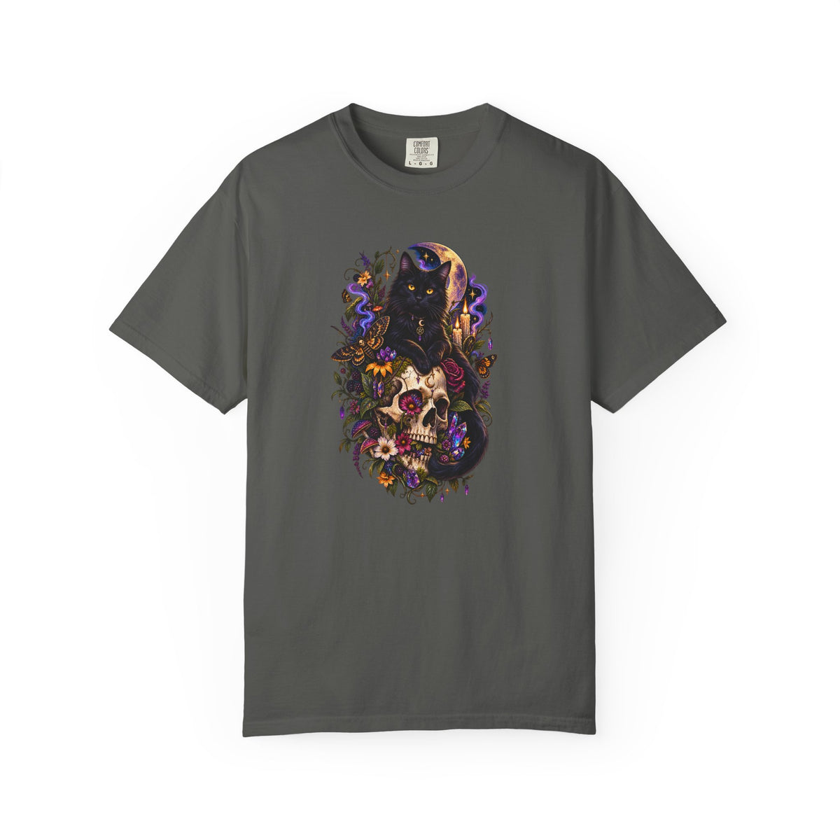 Skull & Black Cat Gothic T-Shirt — Dark Floral Day of the Dead Style
