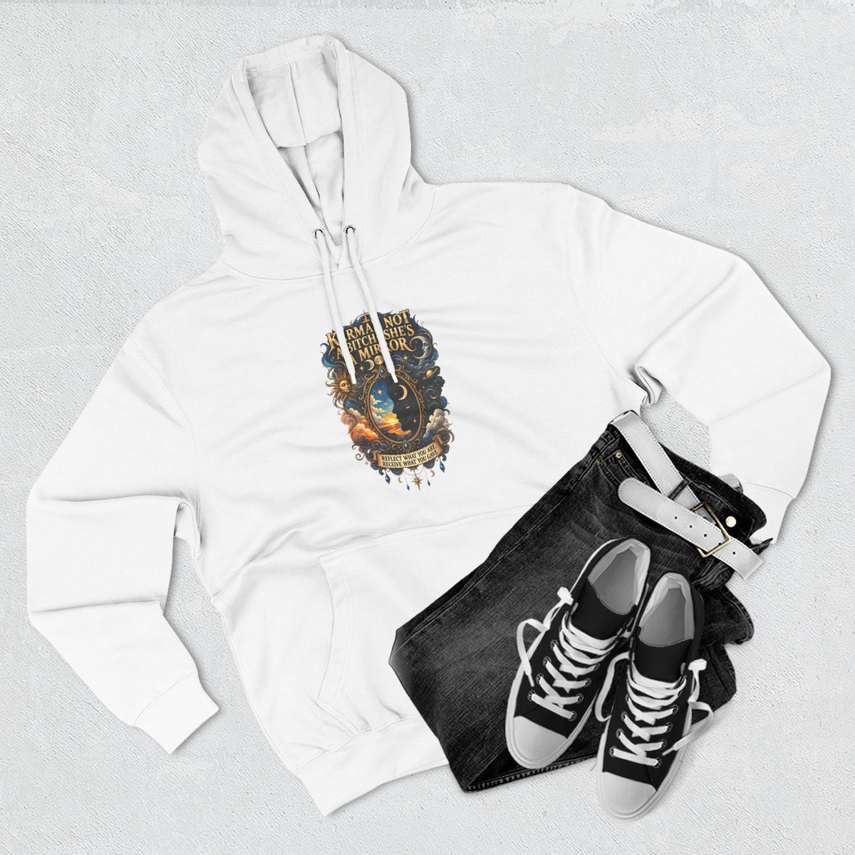 "Karma's not a Bitch she's a Mirror" Hoodie — Spiritual Boho Graphic Pullover