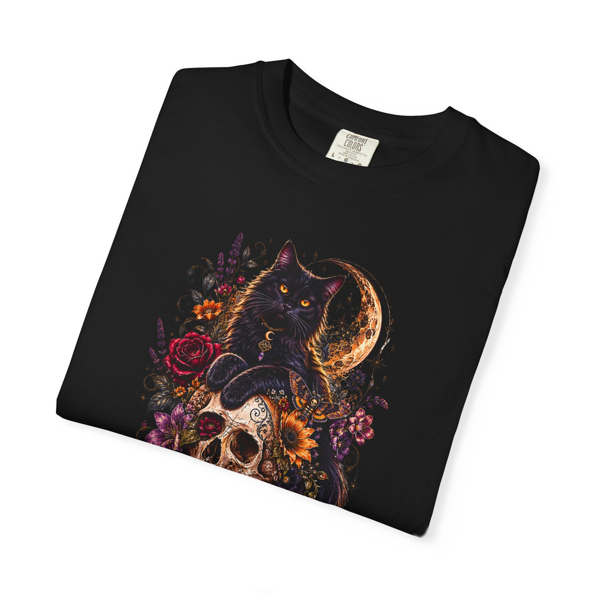 Cat & Skull Gothic T-Shirt — Black Cat Moon Floral Graphic Tee