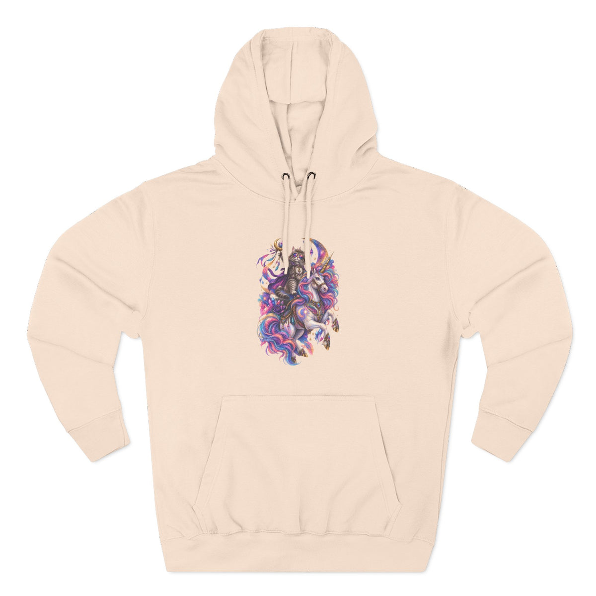 Colorful Cosmic Cat Riding a Unicorn — Vibrant Nebula Graphic Pullover