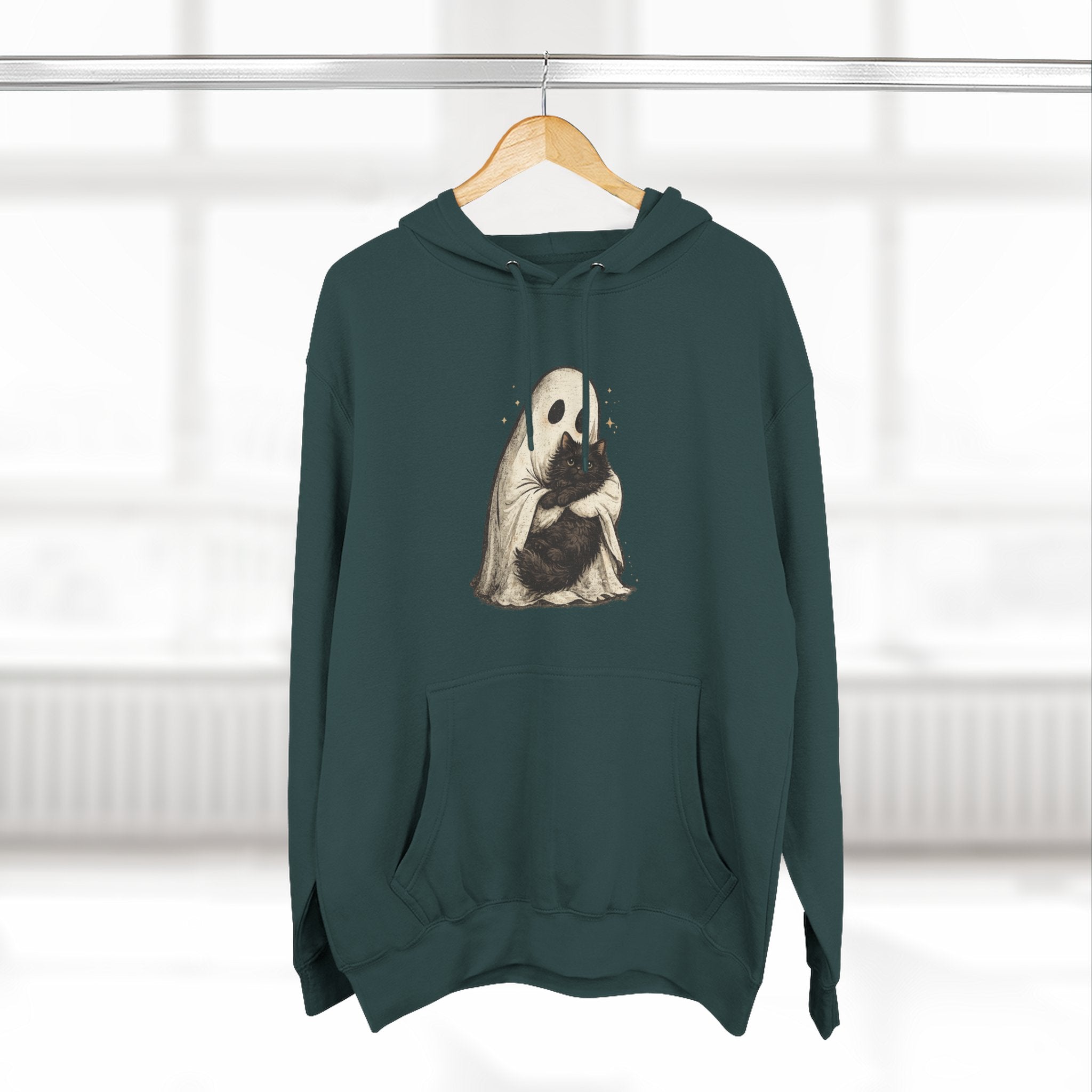 Ghost Hugging Black Cat Fleece Hoodie — Cute Ghost Hugging Black Cat Cozy Pullover