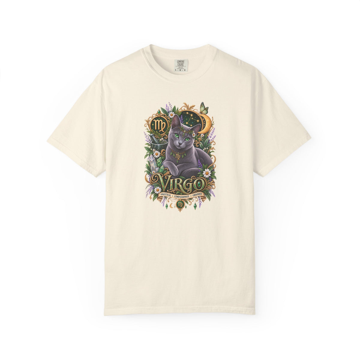 Virgo Cat Zodiac T-Shirt — Virgo Astrology Tee with Russian Blue & Floral Design