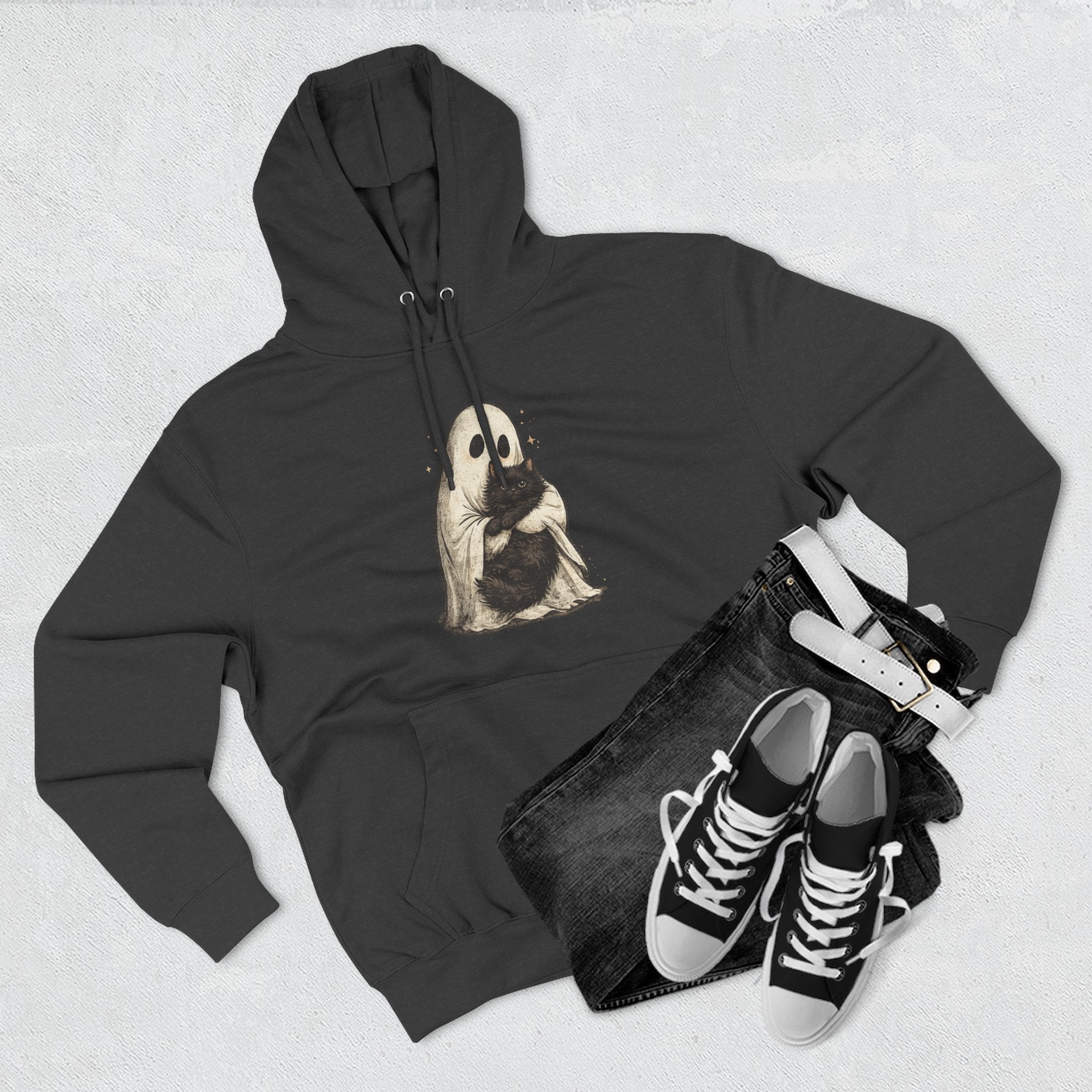 Ghost Hugging Black Cat Fleece Hoodie — Cute Ghost Hugging Black Cat Cozy Pullover