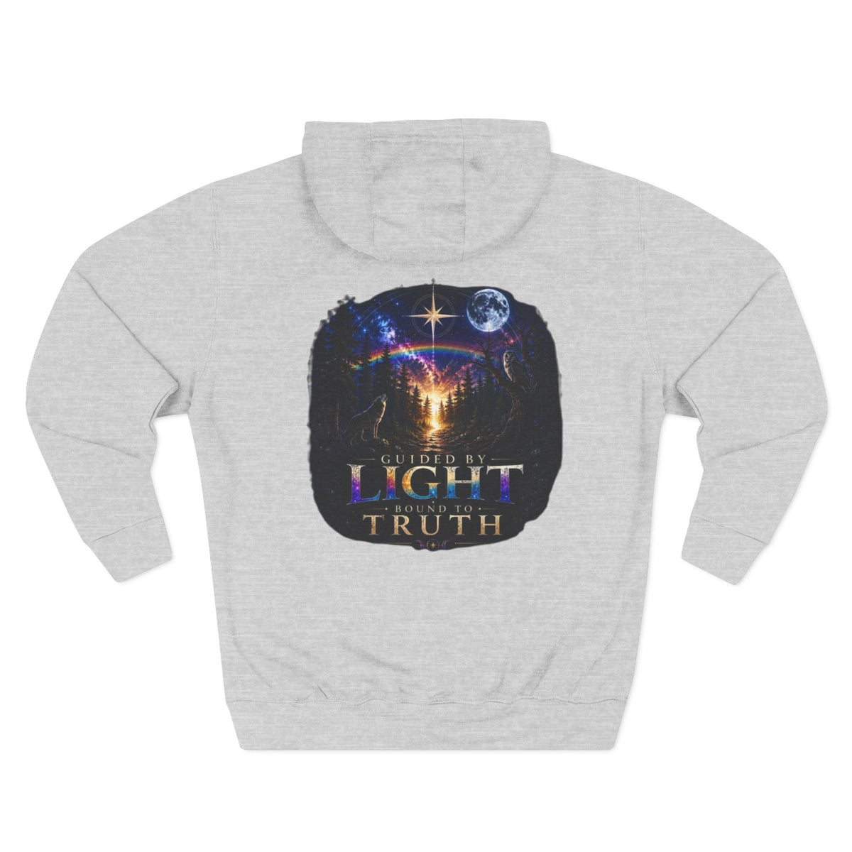 Guided by Light Bound toTruth Fleece Hoodie — Spiritual Galaxy Chest Emblem & Backscape Design