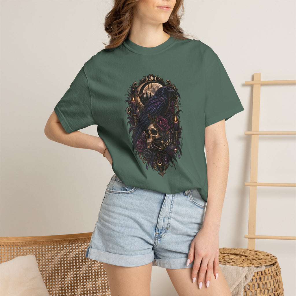 Skull & Crow Graphic Tee — Gothic Vintage Skull with Raven Design