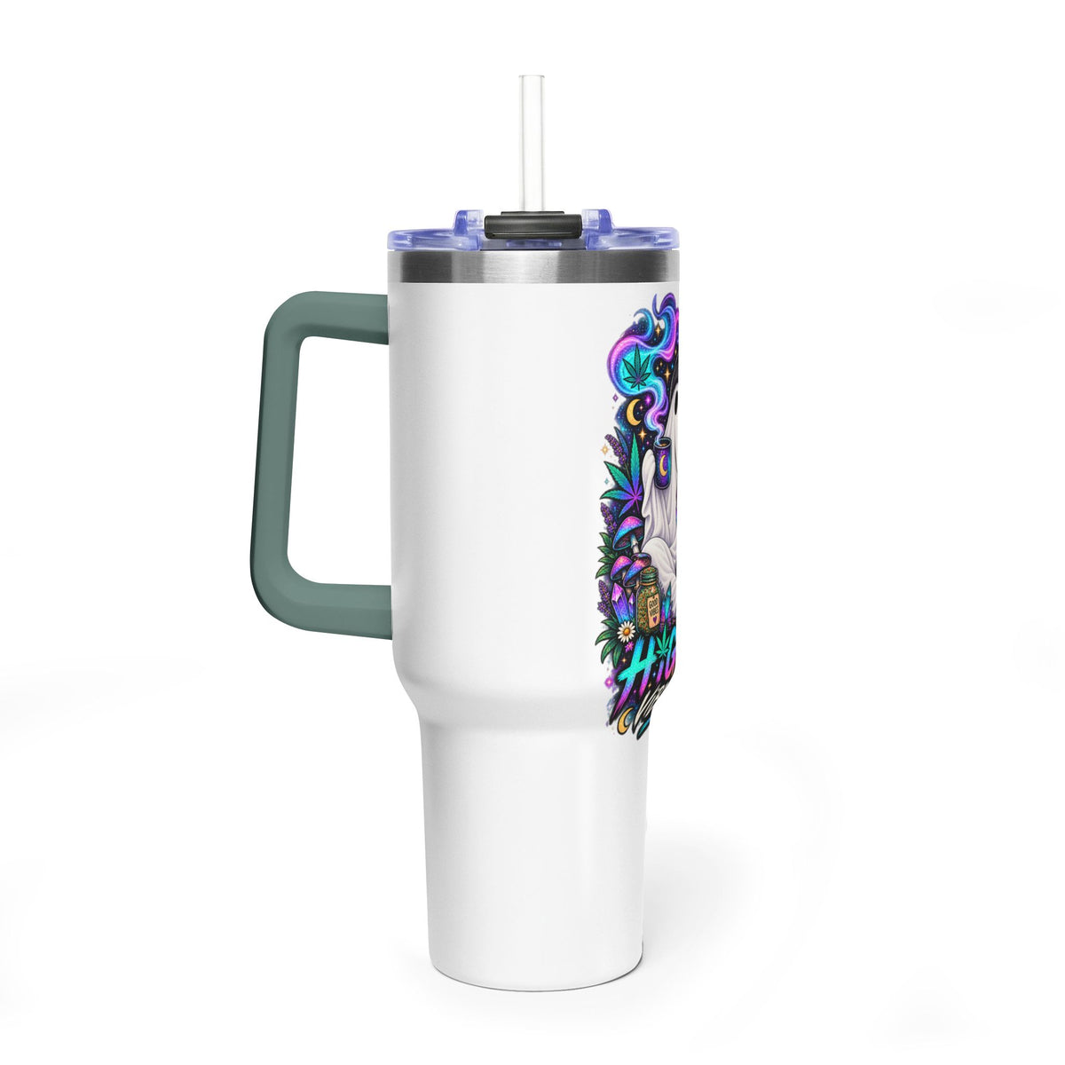 40oz Tumbler — "Higher Vibrations" Ghost & Cat Thermal Travel Mug