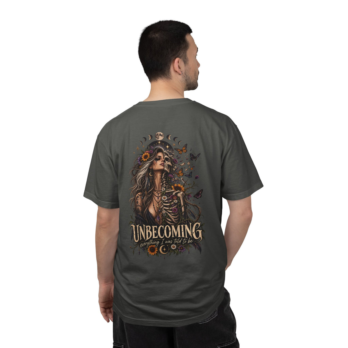 Unbecoming Gothic Moon T‑Shirt — Witchy Skeleton Art Tee
