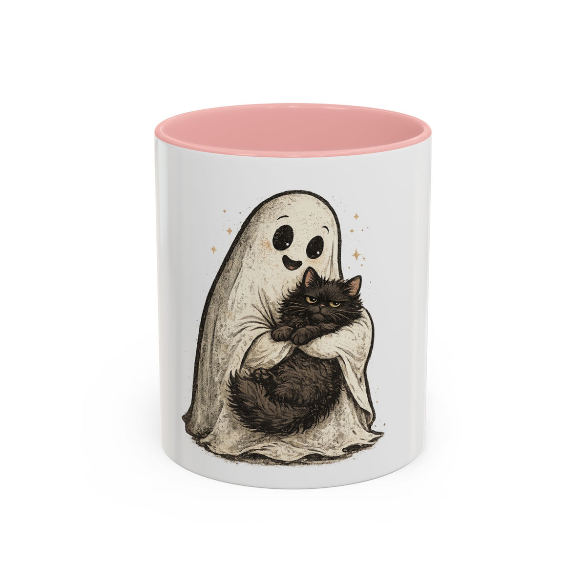 Ghost Hug Mug — Cute Ghost Holding Black Cat Accent Coffee Mug (11/15oz)